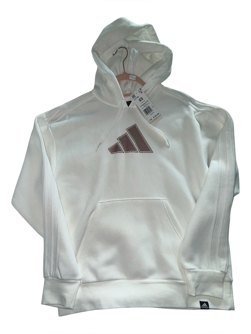 Adidas White Holiday Graphic 3-Stripes Oversized Hoodie • Pink rhinestones